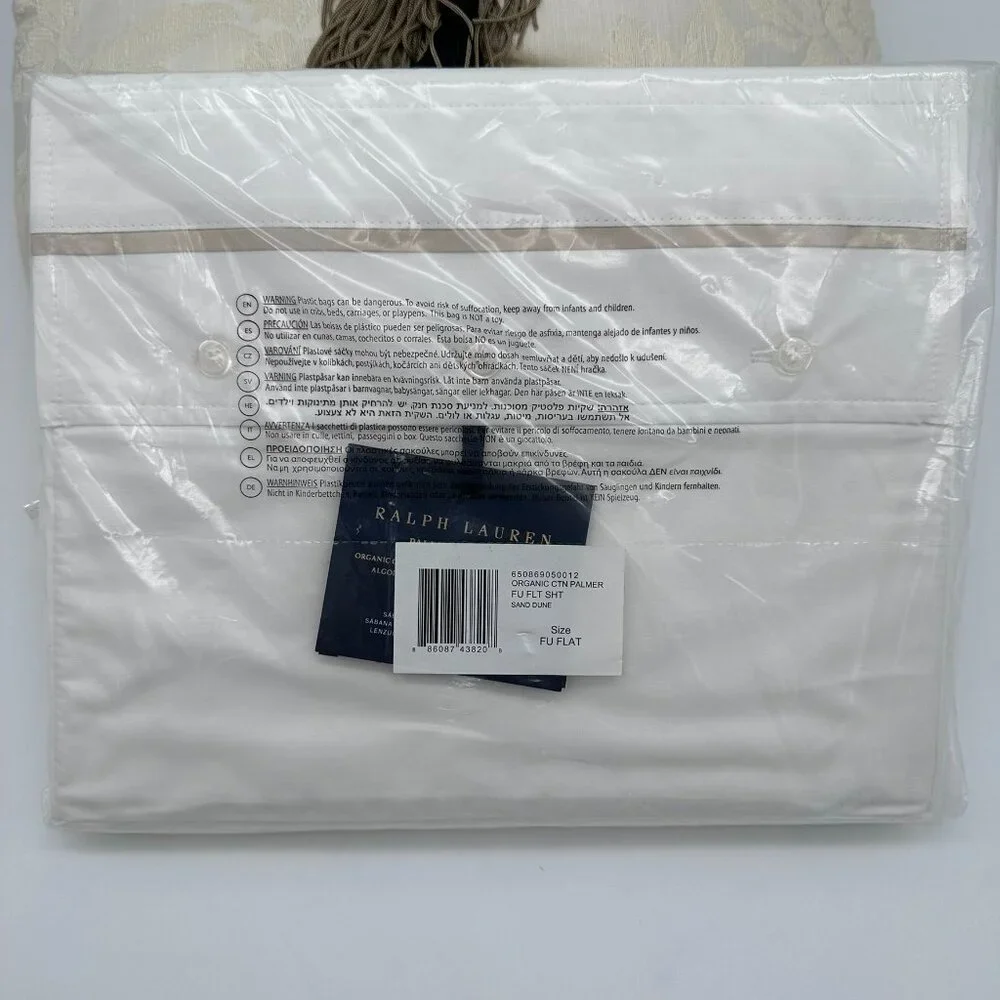 Ralph Lauren Organic Cotton Palmer Percale Full Size Flat Sheet, White/Sand Dune